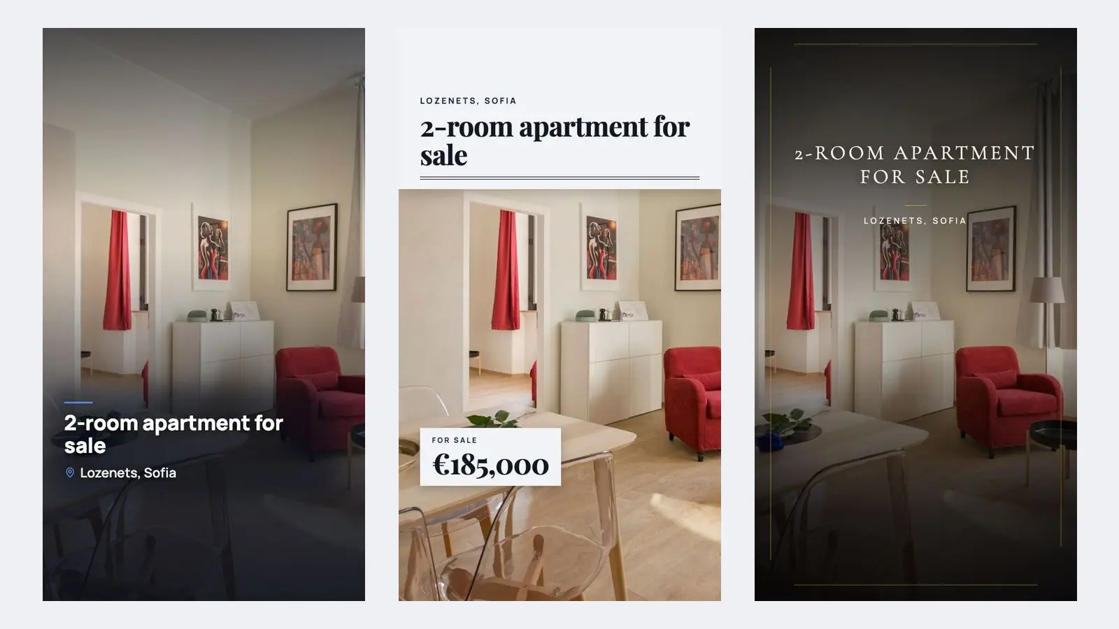 Tres fotogramas de vídeo vertical del mismo salón con un sillón rojo, cada uno con el texto "2-room apartment for sale, Lozenets, Sofia" en un estilo distinto